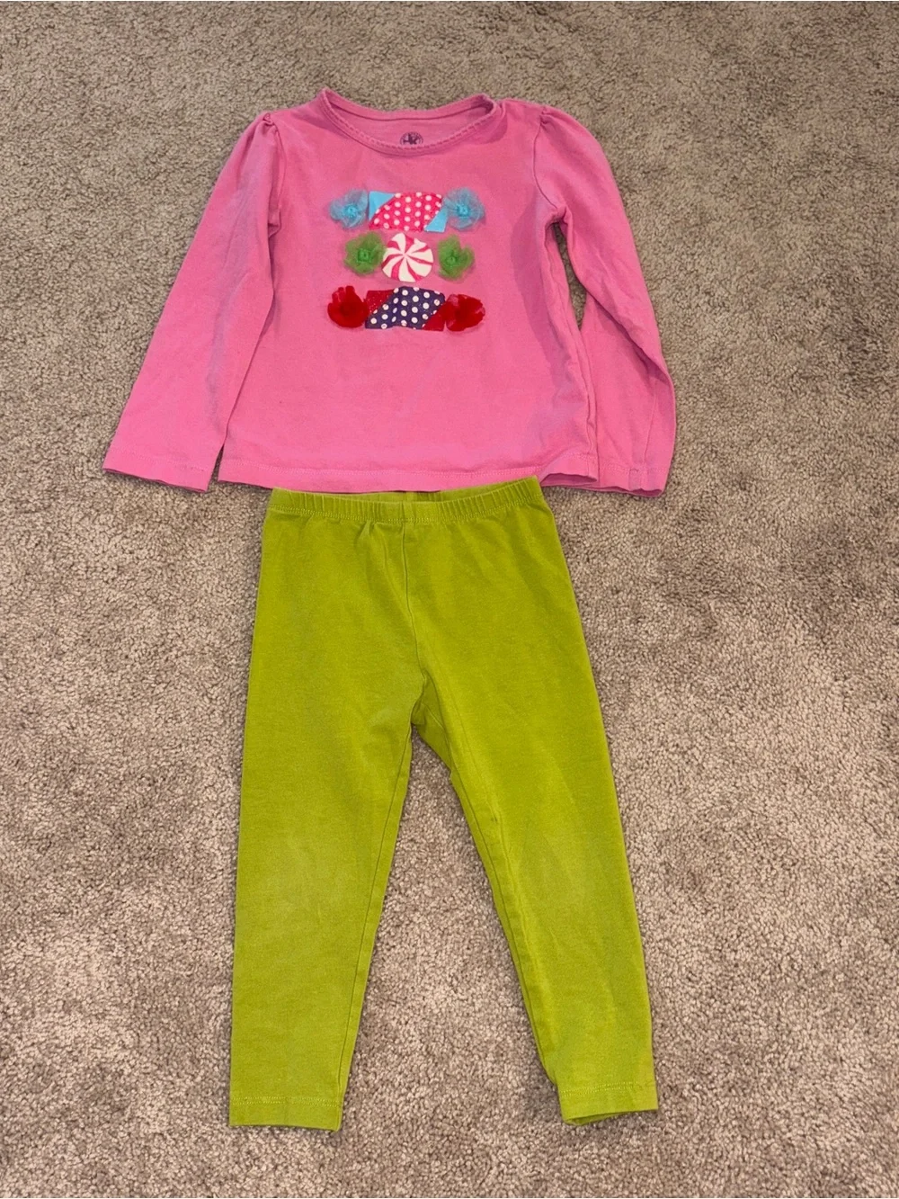 J. Khaki Pink Candy Applique Top with Lime Green Leggings Set 4T